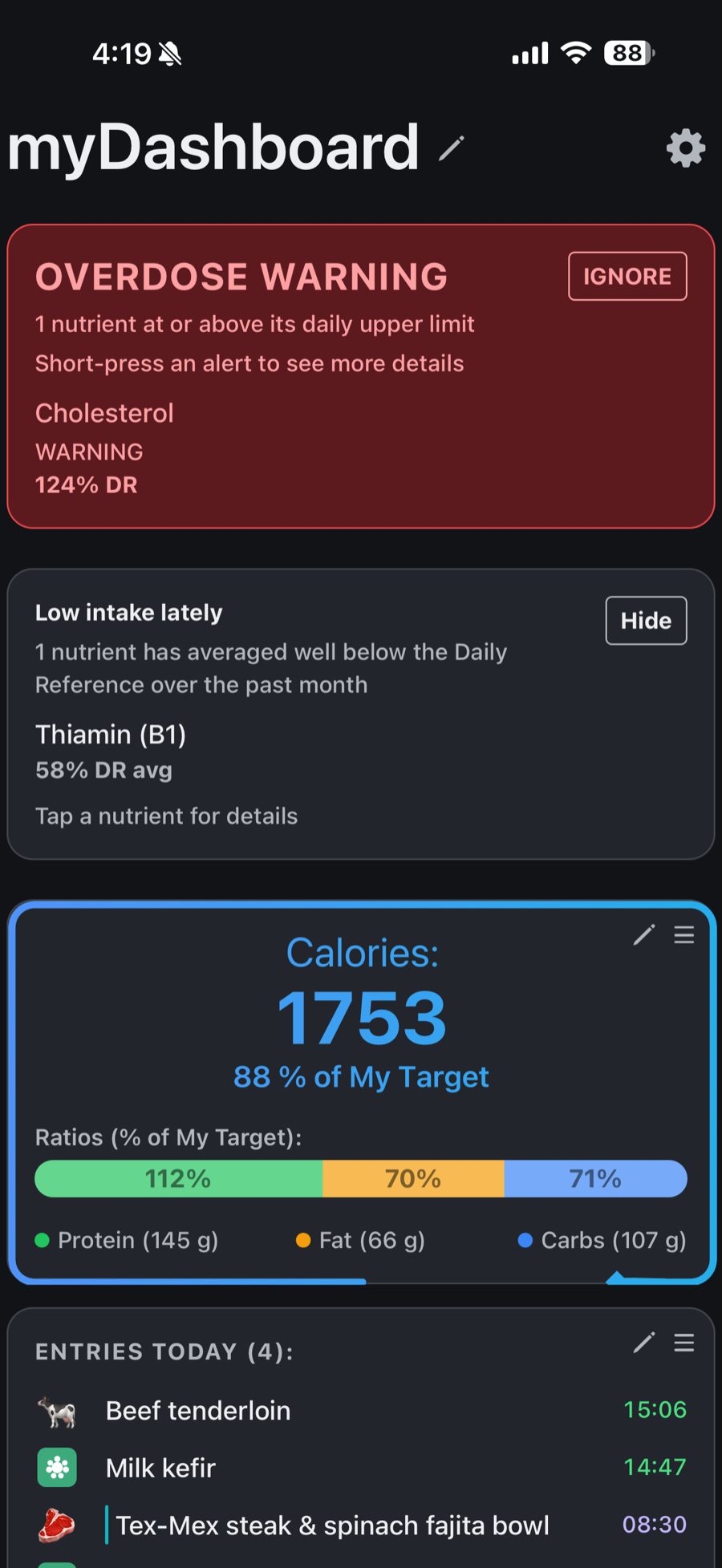 The dashboard showing a red warning that one nutrient is at or above its daily upper limit, and a separate 'Low intake lately' card flagging a nutrient that has averaged below the daily reference over the past month.