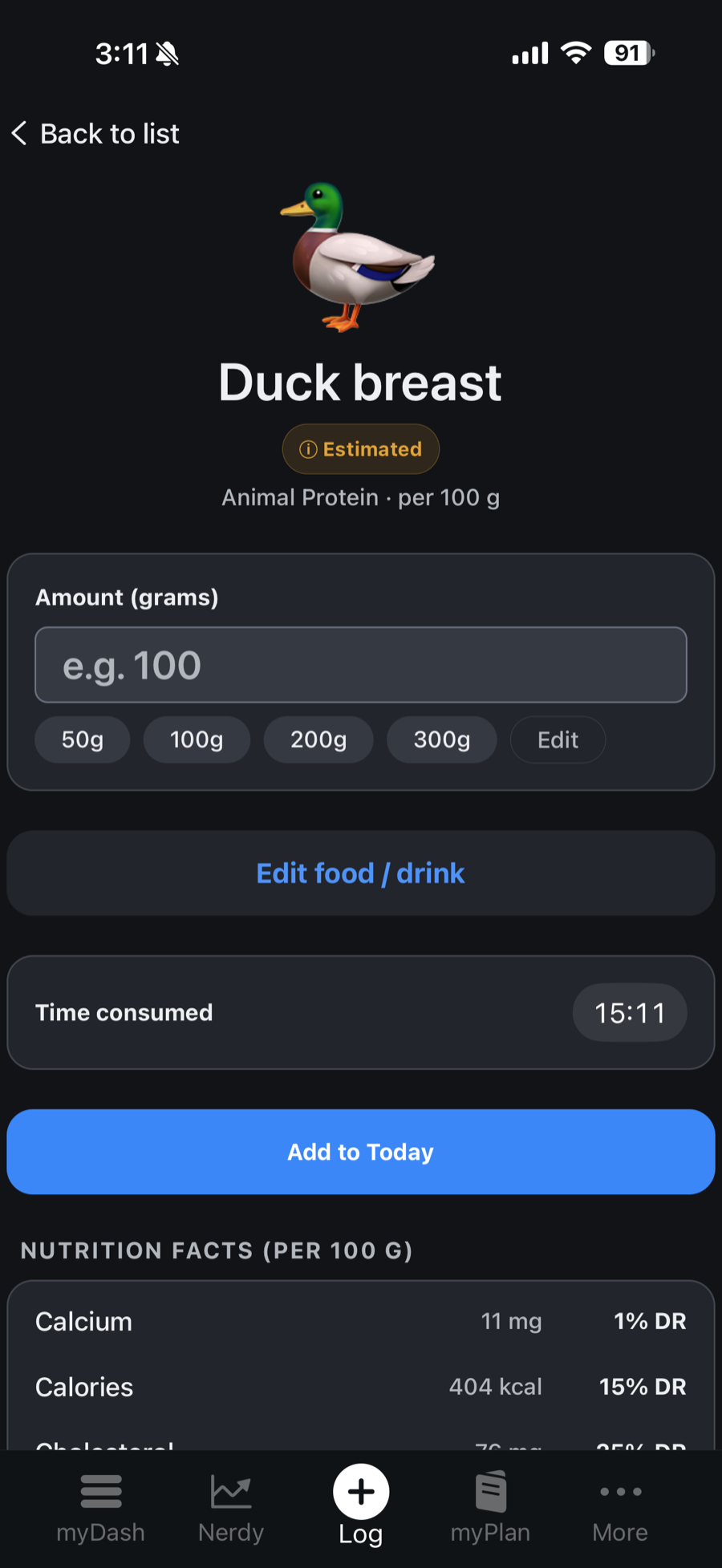The Duck breast food detail: an amber Estimated badge below the name, a gram-amount entry with 50 to 300 g quick buttons, and the start of its per-100 g nutrition facts.
