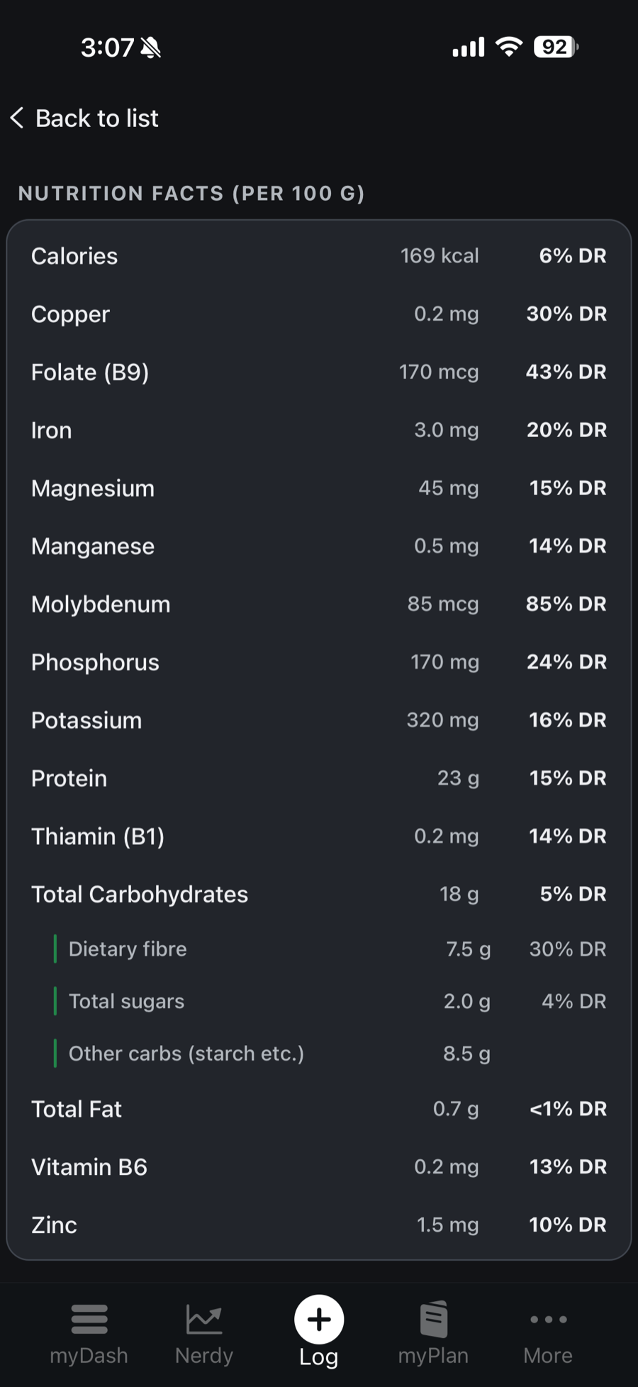 A per-100 g nutrition-facts list showing calories, protein, fiber and a range of vitamins and minerals, each with its percent of the daily reference.