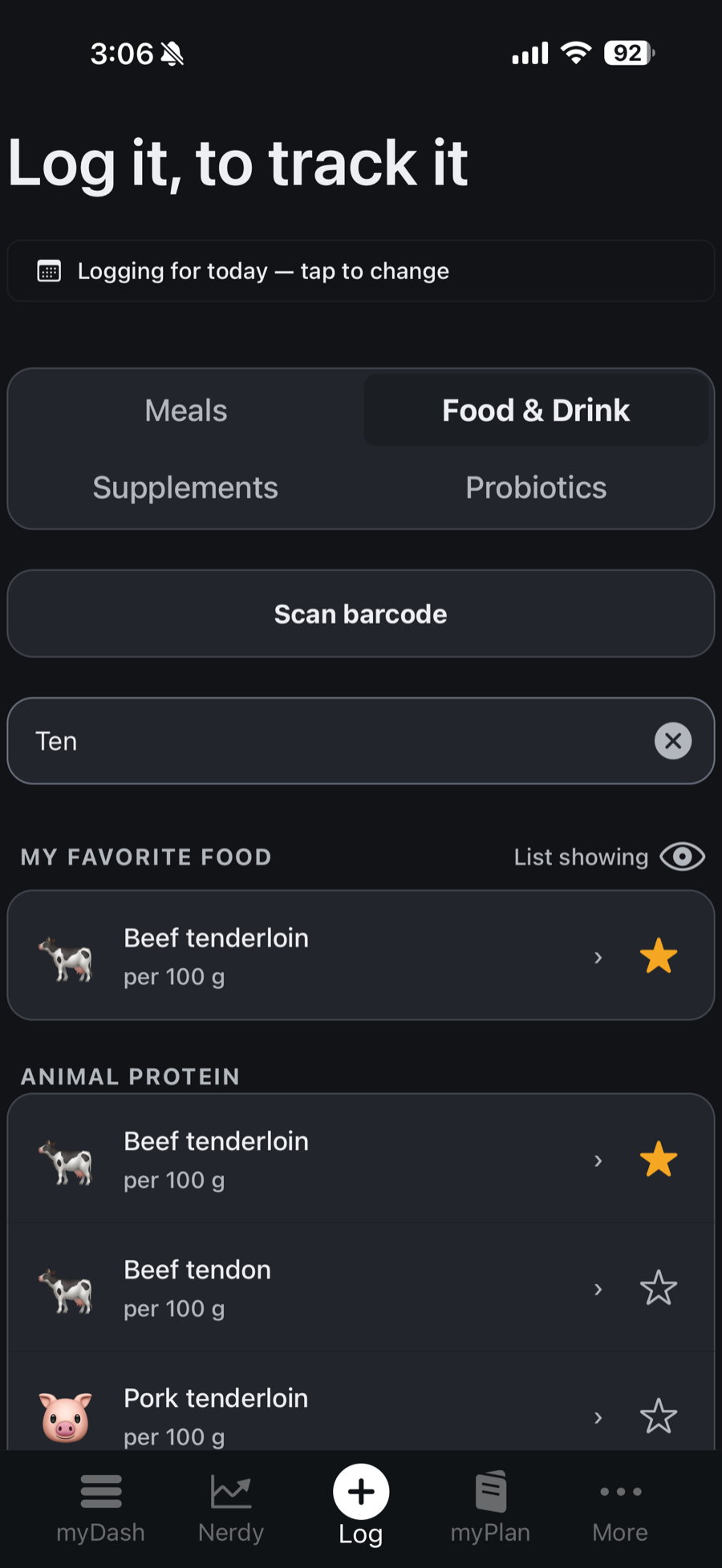 The myNutrition food search: a typed query with matching foods from the curated catalog listed below, and a Scan barcode option above.